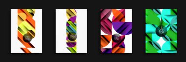 Soyut geometrik tasarımlar. Parlak renkler, üst üste binen şekiller dinamik kompozisyonlar oluşturur. Arka planlar, posterler, el ilanları için modern vektör çizimleri.