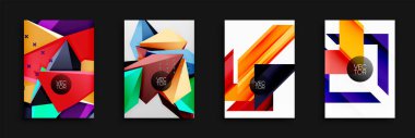 Soyut geometrik tasarımlar baskın. Canlı renkler, keskin açılar, üst üste binen şekiller dinamik bileşimler oluşturur. Arkaplan veya posterler için uygun modern vektör çizimleri.