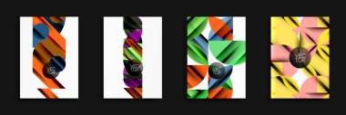 Soyut geometrik tasarımlar baskın. Canlı renkler, üst üste binen şekiller dinamik bileşimler yaratır. Arka planlar, posterler, markalaşma için modern vektör çizimleri. Temiz estetik, minimalist stil.