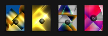Dört soyut vektör arkaplanı. Tasarımlarda geometrik şekiller, canlı gradyanlar, ışık parlamaları yer alıyor. Dijital projeler için modern ve dinamik kompozisyonlar.