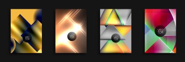 Dört soyut vektör arkaplanı. Geometrik şekiller örtüşüyor, canlı renk eğimleri yaratıyor. Tasarımlarda dinamik çizgiler, üçgenler, kareler ve ışık efektleri var. Modern estetik.
