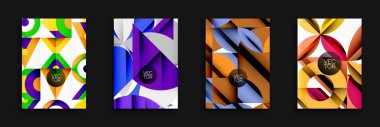 Dört canlı geometrik tasarım. Her biri üst üste binen şekiller, kalın renkler, gradyanlar, modern estetik. Arkaplan veya posterler için uygun vektör illüstrasyonları.
