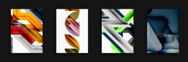Soyut geometrik arka planlar. Modern tasarımlar üst üste binen çizgiler, şekiller, canlı renkler içerir. Minimalist estetik, dijital projeler ve sunumlar için uygun.