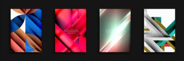 Dört soyut arka plan geometrik şekiller, canlı renkler, dinamik çizgiler sergiliyor. Modern tasarımlar teknoloji, yenilik, görsel cazibe öneriyor. Yumuşak eğimler derinlik yaratır.