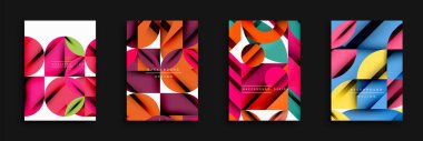 Soyut geometrik tasarımlar. Canlı renk paletleri baskın, daireler, üçgenler, kareler. Modern estetik, arka plan veya dijital sanat projeleri için uygun. Temiz çizgiler, dinamik kompozisyonlar.