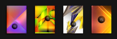 Dört canlı soyut arkaplan. Geometrik şekiller, parlak renkler, dinamik kompozisyonlar. Modern tasarım elementleri, gradyanlar, vektör çizimleri. Dijital projeler için uygun.