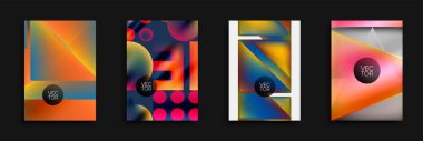 Dört enerjik soyut tasarım. Geometrik şekiller gradyanlarla harmanlanarak modern arka planlar oluşturur. Her biri dairesel elementler içinde vektör metni içerir. Renkli kompozisyonlar dinamik görsel cazibe sunar.