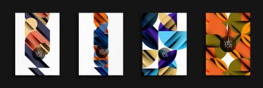 Soyut geometrik tasarımlar bu dört resme hakim. Üst üste binen şekiller derinlik yaratır, sıcak ve serin renk paletleri kullanır. Modern vektör çizimleri dinamik bileşimler önerir.