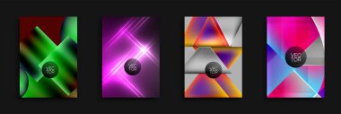 Dört soyut vektör arkaplanı. Canlı neon renkler, geometrik şekiller, dinamik kompozisyonlar. Modern tasarım elementleri, gradyanlar, parlak efektler sunar.