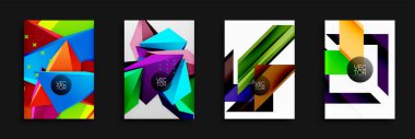 Dört canlı soyut arkaplan. Geometrik şekiller örtüşür, dinamik bileşimler yaratır. Parlak renkler hakim, eğimler ve keskin açılar mevcut. Modern vektör tasarımları.