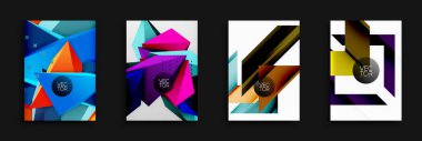Soyut geometrik tasarımlar görüntüye hakim. Canlı renkler, keskin açılar, üst üste binen şekiller dinamik bileşimler oluşturur. Modern vektör çizimleri, uygun arkaplanlar, sunumlar.