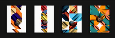 Soyut geometrik tasarımlar bu dört resme hakim. Üst üste binen şekiller canlı renk paletleri kullanarak dinamik bileşimler oluştururlar. Modern, minimalist estetik.