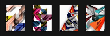 Soyut geometrik tasarımlar bu dört resme hakim. Parlak renkler, keskin açılar, üst üste binen şekiller modern görsel cazibe yaratır. Vektör grafikleri tasarım şablonları veya arkaplan öneriyor.