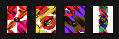 Dört enerjik soyut tasarım. Geometrik şekiller örtüşür, dinamik bileşimler yaratır. Renkler harmanlanır, modern görsel cazibe sunulur. Vektör grafikleri ölçeklenebilirlik ve çok yönlülüğü gösteriyor.