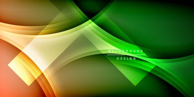 Yeşil, turuncu, sarı çizgiler soyut arkaplan oluşturur. Parlak şekiller örtüşür, dinamik bileşim oluşturur. Modern tasarım ögesi.