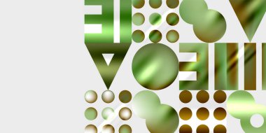 Soyut kompozisyon. Yeşil, altın küreler, üçgenler, dikdörtgenler. Değişik renkler, düzgün şekiller. Modern tasarım, basit geometri. Minimalist estetik.