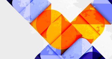 Soyut geometrik bileşim. Turuncu daireler mavi şekillerle örtüşüyor. Dokulu yüzeyler görsel ilgi yaratıyor. Modern tasarım, canlı renkler, dinamik düzenleme.