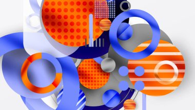 Soyut kompozisyon. Üst üste binen daireler, noktalar, çizgiler dinamik görsel deneyimler yaratır. Parlak turuncu, mavi, gri tonlar baskın. Modern tasarım.