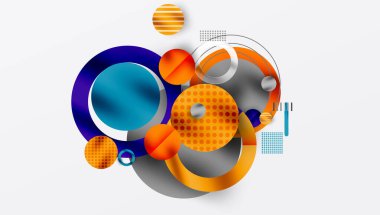 Soyut kompozisyon. Üst üste binen daireler, çizgiler, noktalar dinamik görsel efekt yaratır. Parlak turuncu, mavi, gri egemen. Modern tasarım.