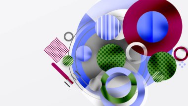 Soyut kompozisyon. Çemberler, çizgiler, noktalar dinamik tasarım yaratır. Mavi, yeşil, kırmızı, mor renkler egemen. Modern, geometrik şekiller çakışıyor. Minimalist estetik.