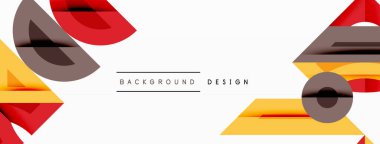 Soyut şekiller örtüşür, dinamik bileşim yaratır. Kırmızı, sarı, kahverengi tonlar beyaz alana hükmediyor. Metin elementli minimalist tasarım.