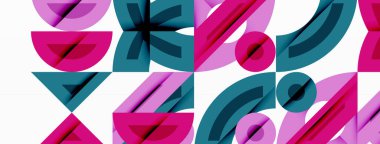 Parlak pembe, deniz mavisi şekilleri tekrarlayan desenler yaratır. Geometrik formlar çakışıyor, soyut tasarım oluşturuyor. Modern, oyuncu estetik. Minimalist stil.