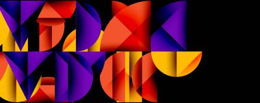 Soyut geometrik şekiller, canlı renkler, dinamik bileşim. Kırmızı, mor, sarı kalın görsel etki yaratır. Modern tasarım, dijital sanat.