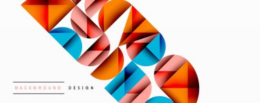 Soyut geometrik şekiller, canlı renkler, modern tasarım. Üst üste binen daireler, üçgenler dinamik bileşim oluşturur. Minimalist tarz, parlak palet.