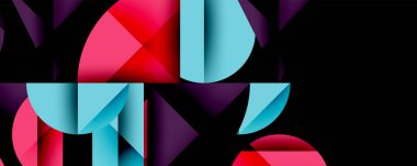 Soyut geometrik bileşim. Canlı renkler, üst üste binen şekiller dinamik görsel deneyimler yaratır. Modern tasarım, kalın zıtlıklar, temiz çizgiler.