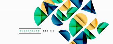 Soyut geometrik şekiller, canlı renkler, modern tasarım. Üst üste binen elementler dinamik bileşim yaratır. Temiz çizgiler, minimalist estetik.