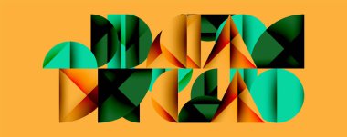 Soyut geometrik şekiller, canlı renkler, turuncu arka plan. Bileşik özellikler üst üste binen üçgenler, dikdörtgenler, eğriler. Modern tasarım, dijital sanat.