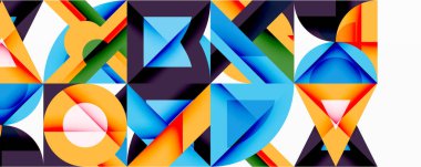 Soyut geometrik bileşim. Parlak renkler, keskin açılar, üst üste binen şekiller dinamik görsel deneyimler yaratır. Modern tasarım, canlı palet.