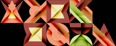 Geometrik şekiller, turuncu, yeşil, kırmızı tonlar. Soyut bileşim, keskin açılar, pürüzsüz eğimler. Modern tasarım, dijital sanat, canlı renkler. Minimalist estetik.