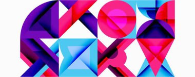 Parlak geometrik şekiller çakışıyor. Canlı pembeler, maviler, morlar dinamik kompozisyon oluşturur. Soyut tasarım modern sanatı, dijital estetiği çağrıştırıyor.