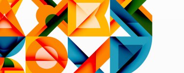 Parlak geometrik şekiller çakışıyor. Turuncu, mavi, yeşil soyut kompozisyon oluşturur. Modern tasarım, canlı renkler, temiz çizgiler..