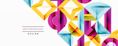 Parlak geometrik şekiller çakışıyor. Canlı renkler dinamik bileşim yaratır. Arkaplan ve sunumlar için modern soyut tasarım.