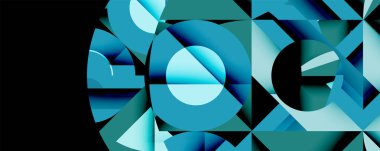 Soyut geometrik bileşim. Mavi gölgeler dinamik şekiller yaratır. Daireler, üçgenler, kareler kesişiyor. Modern tasarım, temiz çizgiler, minimalist estetik.