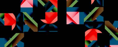 Geometrik şekiller çakışıyor, canlı desenler yaratıyor. Kırmızı, yeşil, mavi, kahverengi renkler kompozisyona hakim. Modern tasarım, soyut sanat, renkli elementler.