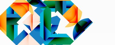 Parlak soyut şekiller çakışıyor. Canlı turuncu, mavi, yeşil dinamik bileşim yaratır. Modern tasarım, temiz çizgiler, geometrik biçimler.