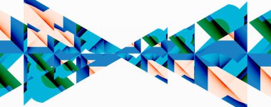 Soyut geometrik tasarım. Mavi, yeşil, turuncu şekiller simetrik desenler oluşturur. Modern dijital sanat, canlı renkler, temiz çizgiler.