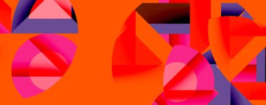 Parlak geometrik şekiller çakışıyor. Turuncu, pembe, mor renkler dinamik kompozisyon yaratır. Modern tasarım, soyut sanat, canlı renkler, neşeli biçimler..