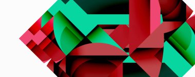 Soyut geometrik bileşim. Kırmızı, yeşil, siyah şekiller çakışıyor. Modern tasarım, canlı renkler, dinamik düzenleme. Minimalist estetik, temiz çizgiler, kalın şekiller..