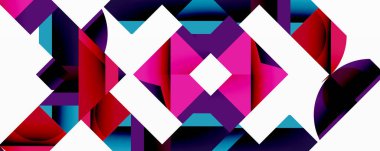 Soyut geometrik desen. Canlı renkler, keskin açılar, simetrik tasarım. Modern dijital sanat, kalın şekiller, dinamik kompozisyon.