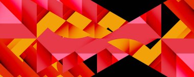 Soyut geometrik tasarım. Kırmızı, turuncu, pembe, siyah şekiller dinamik desen oluşturur. Keskin açılar, zıt renkler, modern estetik..