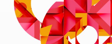 Soyut geometrik bileşim. Kırmızı, pembe, turuncu şekiller kesişiyor. Beyaz alan dinamik kontrastlar yaratır. Modern tasarım, canlı renkler, keskin açılar..