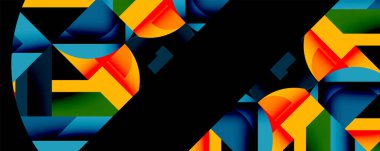 Soyut geometrik şekiller, canlı renkler, dinamik bileşim. Düz gradyanlar, modern tasarım, dijital sanat. Kalın biçimler, üst üste binen katmanlar, görsel uyum..