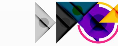 Soyut geometrik bileşim. Üst üste binen şekiller, üçgenler, daireler, eğriler. Canlı renkler, mor, sarı, siyah, beyaz, deniz mavisi. Modern tasarım, temiz çizgiler.