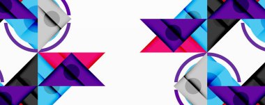 Soyut geometrik şekiller. Üçgenler, daireler, çizgiler dinamik bileşim yaratır. Mor, mavi, pembe, gri renkler baskın. Modern tasarım, temiz estetik.