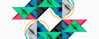 Geometrik şekiller, üçgenler, daireler, kareler, üst üste binen katmanlar, canlı renkler, modern tasarım, soyut desen, simetri, kompozisyon, dijital sanat, temiz çizgiler, minimalist estetik.