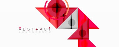 Kırmızı geometrik şekiller modern tasarımı oluşturur. Daireli, üçgenli, dikdörtgenli minimalist kompozisyon. Parlak renkler, temiz çizgiler, soyut sanat.